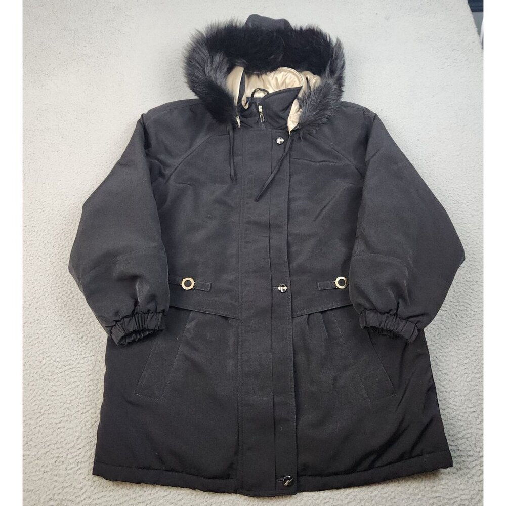 Women's Black Parka Jacket Large Faux Fur Lined Hood Gold Trim Preppy Cozy Layer